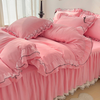 Fustă de pat din bumbac, set de patru piese, stil prințesă, quiltare