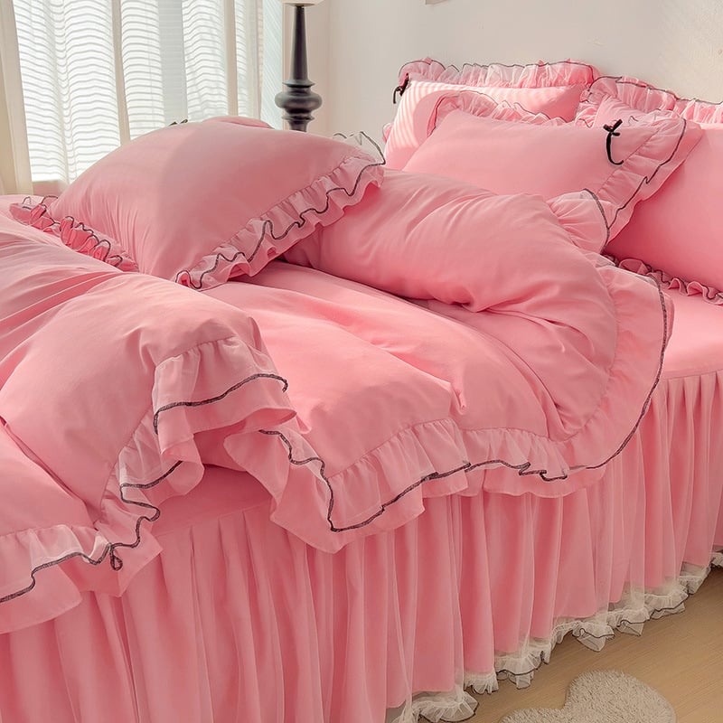 Kokvilnas gultas svārki, četru daļu komplekts, princeses stils, quiltēšana