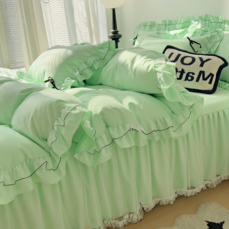 Fustă de pat din bumbac, set de patru piese, stil prințesă, quiltare