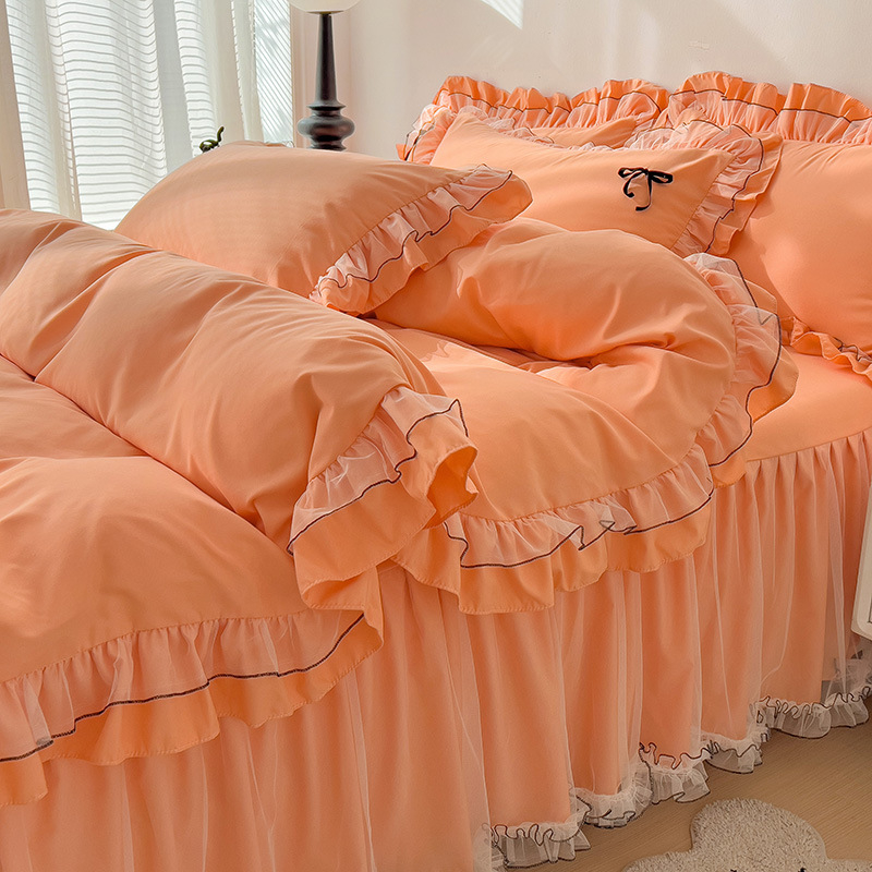 Fustă de pat din bumbac, set de patru piese, stil prințesă, quiltare