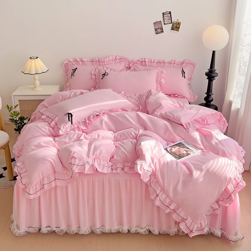 Fustă de pat din bumbac, set de patru piese, stil prințesă, quiltare