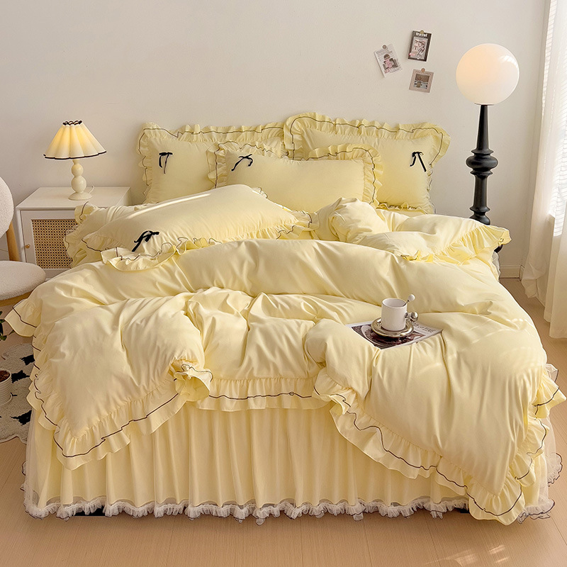 Fustă de pat din bumbac, set de patru piese, stil prințesă, quiltare