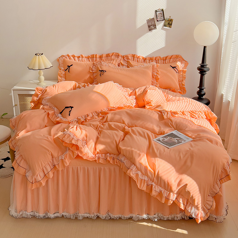 Fustă de pat din bumbac, set de patru piese, stil prințesă, quiltare