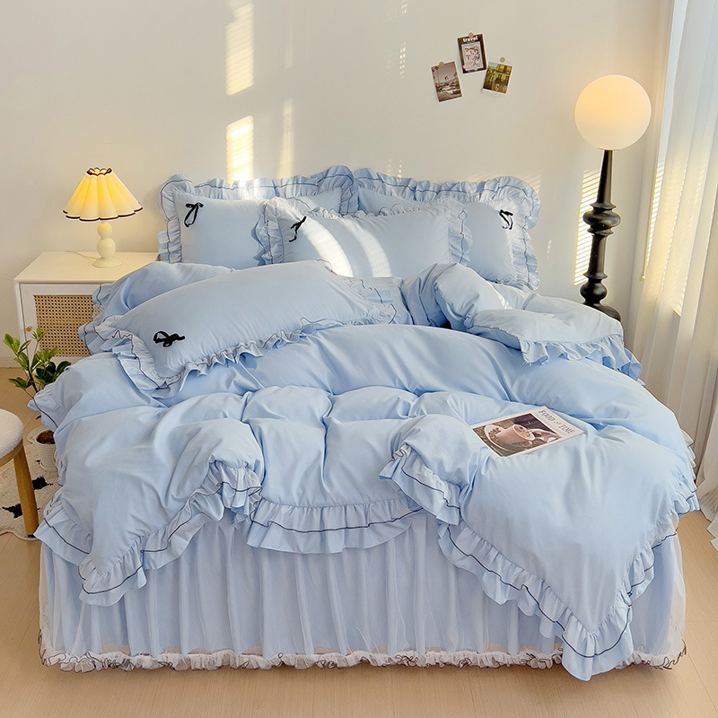 Fustă de pat din bumbac, set de patru piese, stil prințesă, quiltare