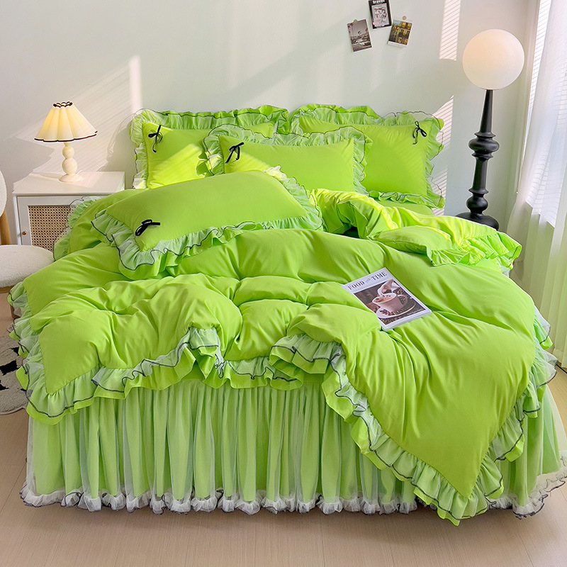 Fustă de pat din bumbac, set de patru piese, stil prințesă, quiltare