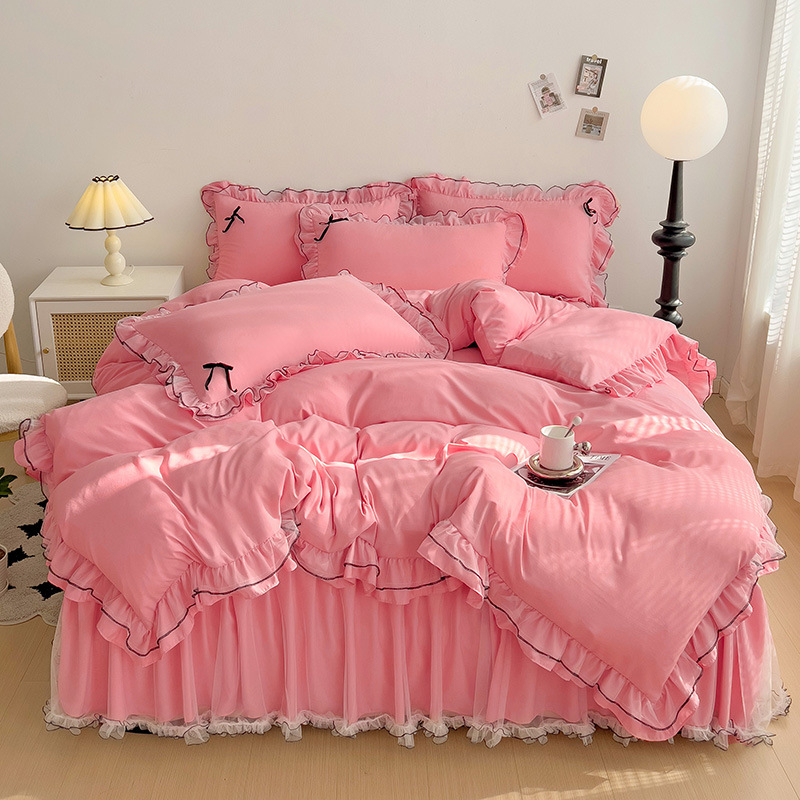 Fustă de pat din bumbac, set de patru piese, stil prințesă, quiltare