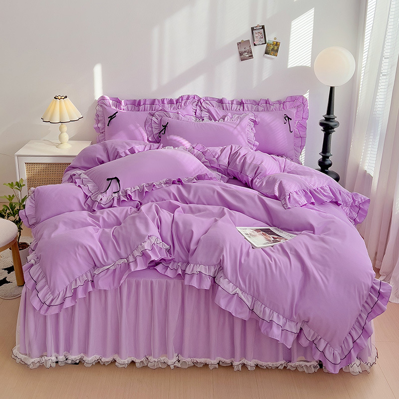 Fustă de pat din bumbac, set de patru piese, stil prințesă, quiltare