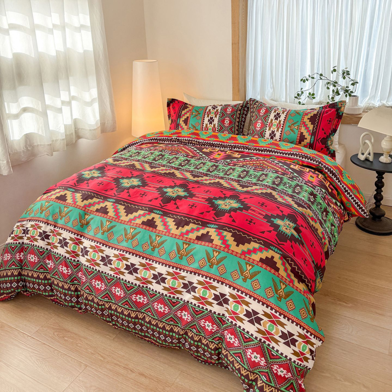 Σετ καλυμμάτων παπλωμάτων τριών τεμαχίων, μποέμ στυλ, εκτύπωση τοπίου, απλή ύφανση, χημικές ίνες