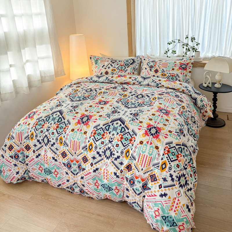 Σετ καλυμμάτων παπλωμάτων τριών τεμαχίων, μποέμ στυλ, εκτύπωση τοπίου, απλή ύφανση, χημικές ίνες