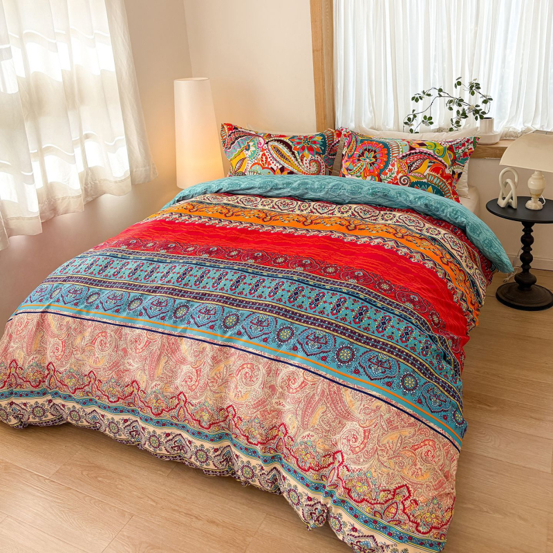 Σετ καλυμμάτων παπλωμάτων τριών τεμαχίων, μποέμ στυλ, εκτύπωση τοπίου, απλή ύφανση, χημικές ίνες