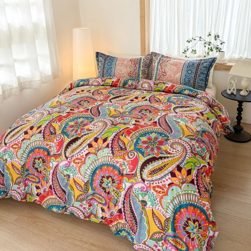 Σετ καλυμμάτων παπλωμάτων τριών τεμαχίων, μποέμ στυλ, εκτύπωση τοπίου, απλή ύφανση, χημικές ίνες