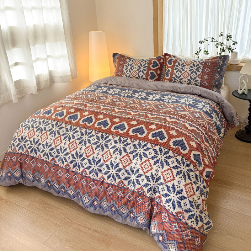 Σετ καλυμμάτων παπλωμάτων τριών τεμαχίων, μποέμ στυλ, εκτύπωση τοπίου, απλή ύφανση, χημικές ίνες