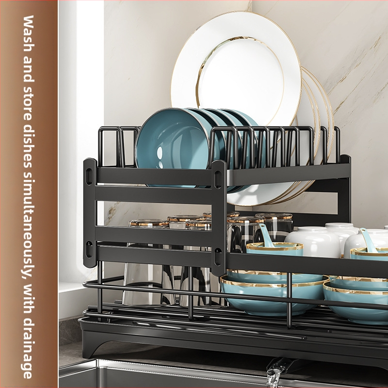 Рафт за съдове с отцеждане и държач за клечки за хранене – въглеродна стомана – модерен минималистичен стил – тесен кухненски прозоречен перваз