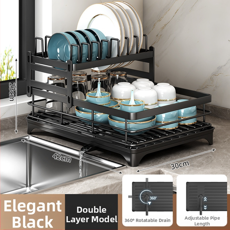 Ράφι αποστράγγισης πιάτων με θήκη για ξυλάκια φαγητού – Ατσάλι άνθρακα – Σύγχρονο μίνιμαλ στυλ – Στενή κατασκευή για περβάζι κουζίνας