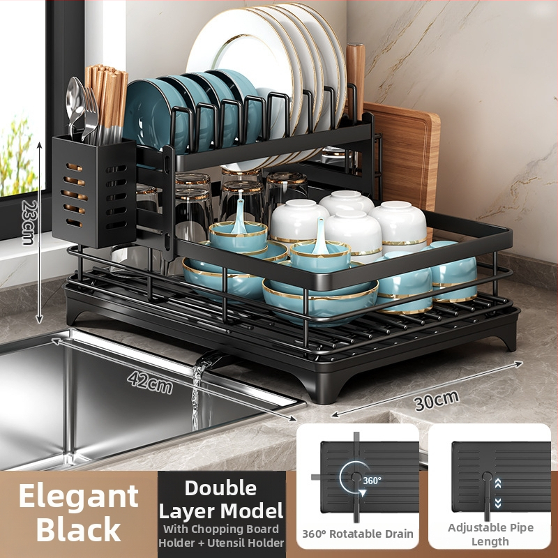 Ράφι αποστράγγισης πιάτων με θήκη για ξυλάκια φαγητού – Ατσάλι άνθρακα – Σύγχρονο μίνιμαλ στυλ – Στενή κατασκευή για περβάζι κουζίνας