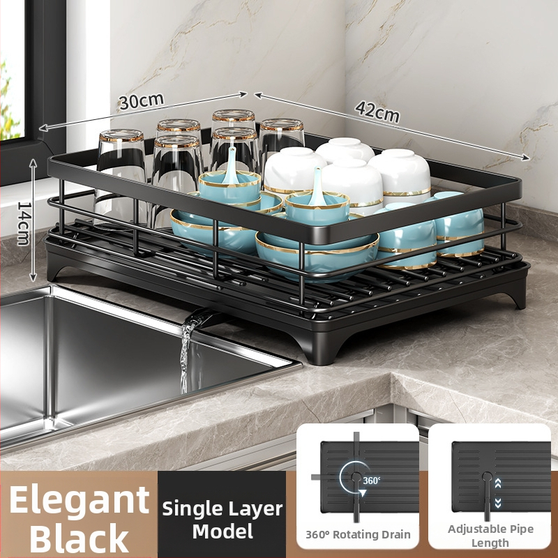 Ράφι αποστράγγισης πιάτων με θήκη για ξυλάκια φαγητού – Ατσάλι άνθρακα – Σύγχρονο μίνιμαλ στυλ – Στενή κατασκευή για περβάζι κουζίνας