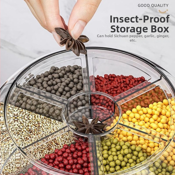 Κυκλική θήκη αποθήκευσης δημητριακών με 6 διαμερίσματα — σφραγισμένη, ανθεκτική στα έντομα και στην υγρασία, τροφικής ποιότητας ABS+PET+AS, χωρητικότητα 5 L+