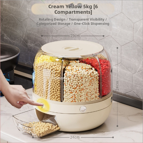 Κυκλική θήκη αποθήκευσης δημητριακών με 6 διαμερίσματα — σφραγισμένη, ανθεκτική στα έντομα και στην υγρασία, τροφικής ποιότητας ABS+PET+AS, χωρητικότητα 5 L+