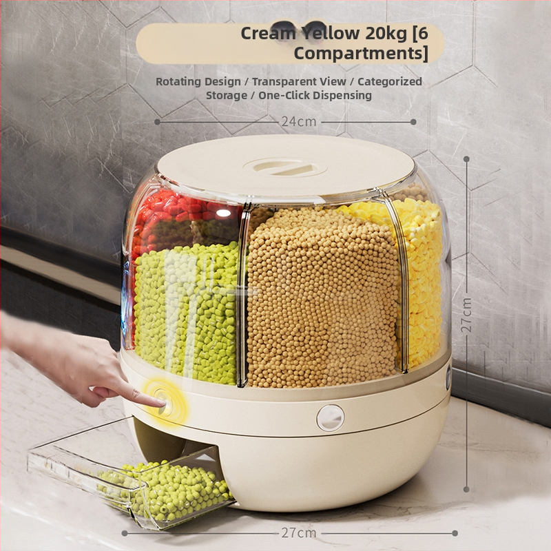 Κυκλική θήκη αποθήκευσης δημητριακών με 6 διαμερίσματα — σφραγισμένη, ανθεκτική στα έντομα και στην υγρασία, τροφικής ποιότητας ABS+PET+AS, χωρητικότητα 5 L+