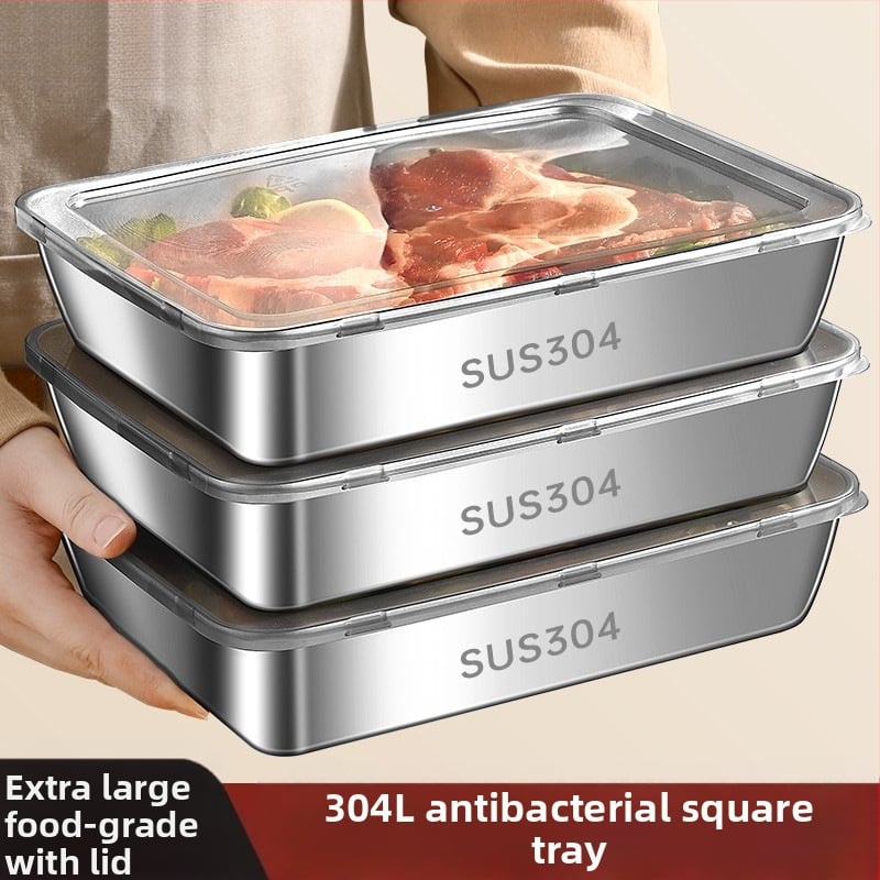 304 nerūsējošā tērauda taisnstūra servēšanai plāksne ar vāciņu, ledusskapja uzglabāšanai – piemērota BBQ, aukstajiem ēdieniem, augļiem, tvaicētai vai grilētai zivij