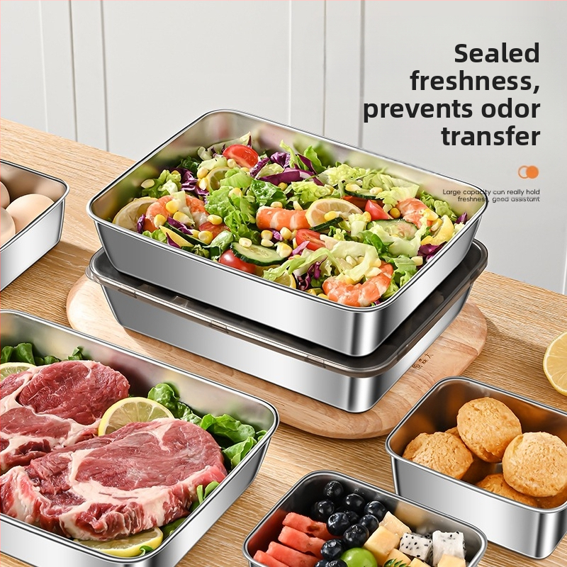 Ορθογώνιο πιάτο σερβιρίσματος από ανοξείδωτο ατσάλι 304 με καπάκι, για συντήρηση στο ψυγείο – ιδανικό για μπάρμπεκιου, κρύα πιάτα, φρούτα και ψάρια ατμού ή στη σχάρα