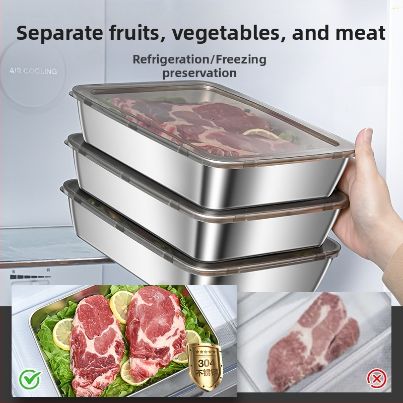 Ορθογώνιο πιάτο σερβιρίσματος από ανοξείδωτο ατσάλι 304 με καπάκι, για συντήρηση στο ψυγείο – ιδανικό για μπάρμπεκιου, κρύα πιάτα, φρούτα και ψάρια ατμού ή στη σχάρα