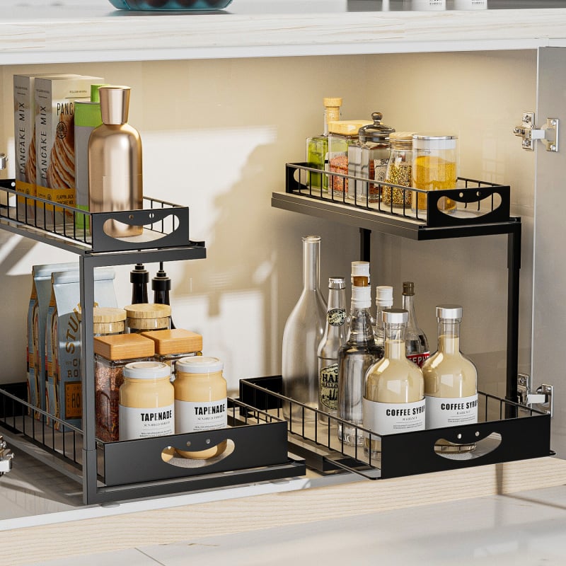 Dvigubo aukščio ištraukiama virtuvės laikymo lentynėlė, vielinė konstrukcija, daugiafunkcinis organizatorius, šiuolaikiškas minimalistinis stilius, tinka virtuvei ir po praustuvu