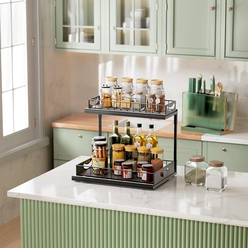 Двуетажна издърпваща се кухненска рафтова система за съхранение, метална тел конструкция, мултифункционален организатор, за кухня и шкаф под мивката, модерен минималистичен стил