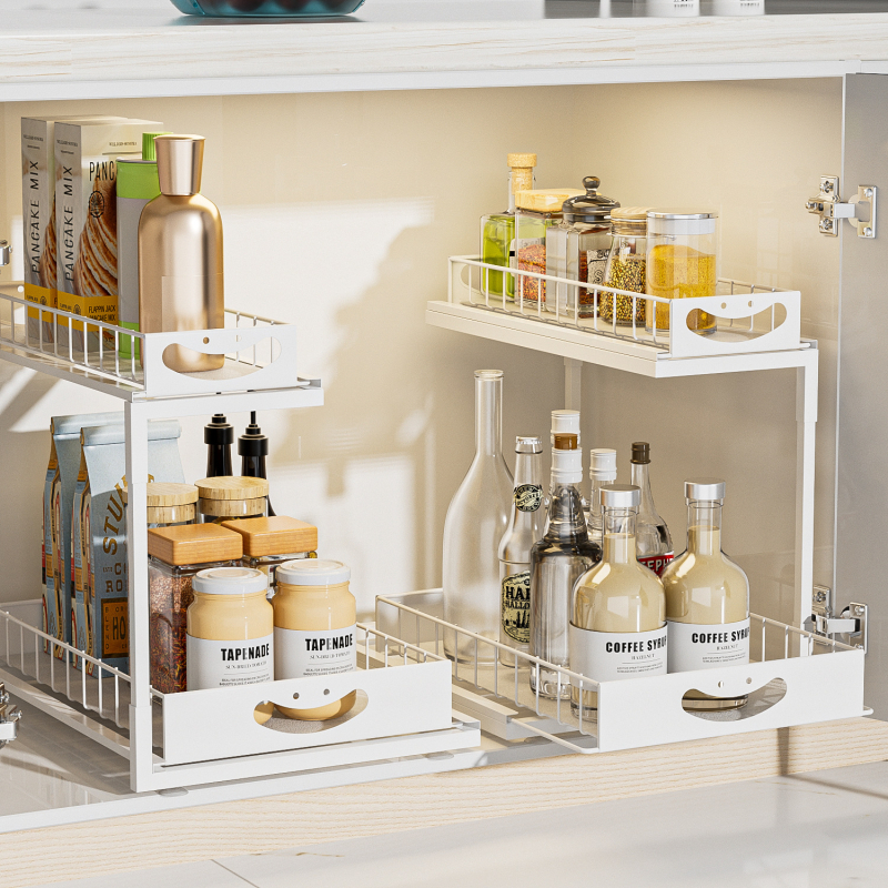 Двуетажна издърпваща се кухненска рафтова система за съхранение, метална тел конструкция, мултифункционален организатор, за кухня и шкаф под мивката, модерен минималистичен стил