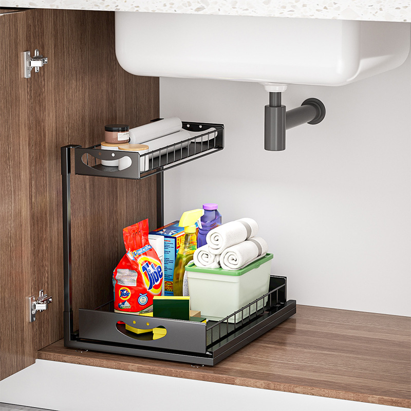 Двуетажна издърпваща се кухненска рафтова система за съхранение, метална тел конструкция, мултифункционален организатор, за кухня и шкаф под мивката, модерен минималистичен стил