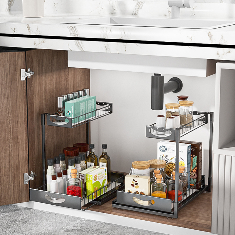 Двуетажна издърпваща се кухненска рафтова система за съхранение, метална тел конструкция, мултифункционален организатор, за кухня и шкаф под мивката, модерен минималистичен стил