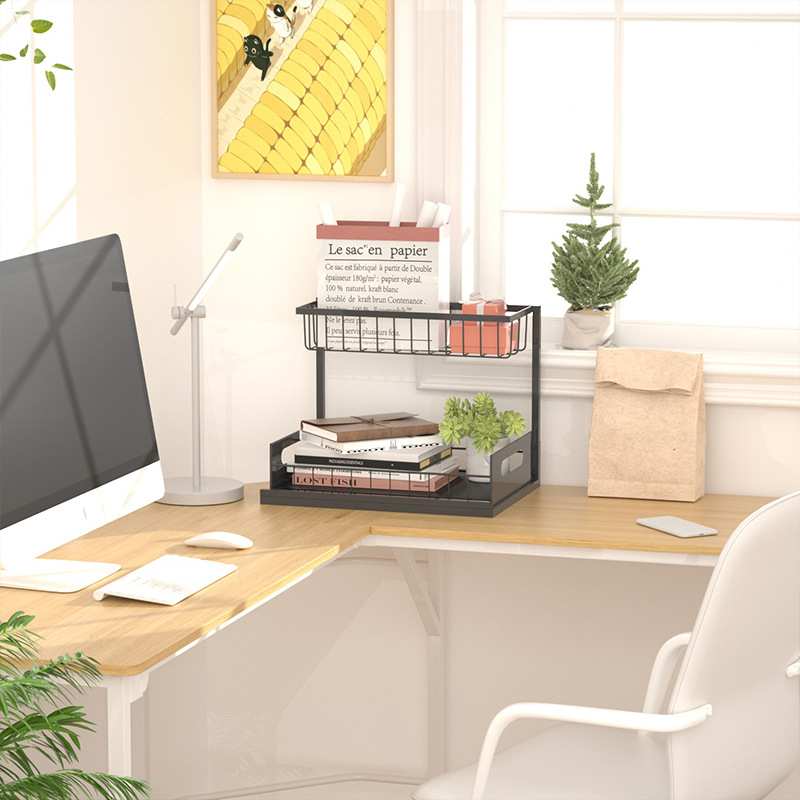 Двуетажна издърпваща се кухненска рафтова система за съхранение, метална тел конструкция, мултифункционален организатор, за кухня и шкаф под мивката, модерен минималистичен стил