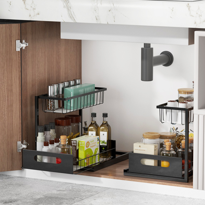 Двуетажна издърпваща се кухненска рафтова система за съхранение, метална тел конструкция, мултифункционален организатор, за кухня и шкаф под мивката, модерен минималистичен стил