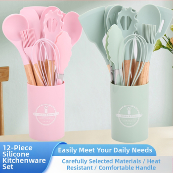 Šaukštų ir mentelelių rinkinys - Silikoniniai virtuvės įrankiai su medinėmis rankenėlėmis, 12 vnt., šiuolaikiškas minimalistinis dizainas, atsparus karščiui ir slydimui