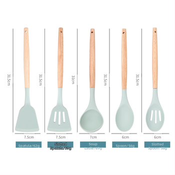 Šaukštų ir mentelelių rinkinys - Silikoniniai virtuvės įrankiai su medinėmis rankenėlėmis, 12 vnt., šiuolaikiškas minimalistinis dizainas, atsparus karščiui ir slydimui