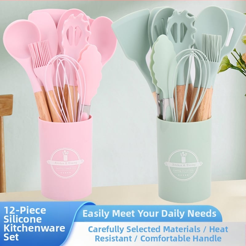 Šaukštų ir mentelelių rinkinys - Silikoniniai virtuvės įrankiai su medinėmis rankenėlėmis, 12 vnt., šiuolaikiškas minimalistinis dizainas, atsparus karščiui ir slydimui