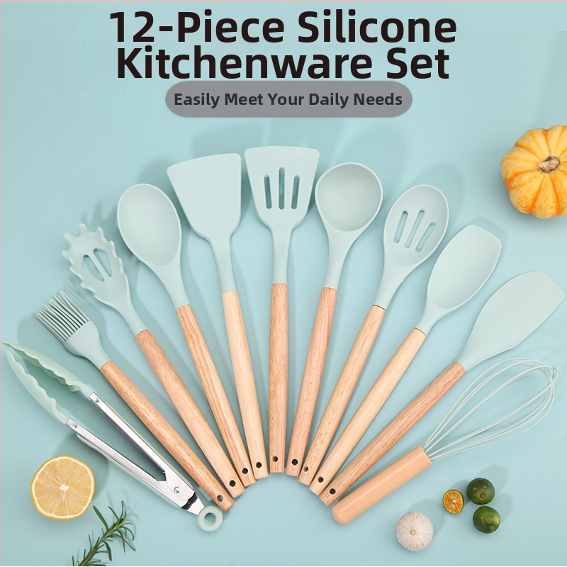 Комплект лъжици и шпатула - силиконови кухненски прибори с дръжки от дъб и бук, 12 части, модерен минималистичен дизайн, термоустойчиви и антихлъзгащи