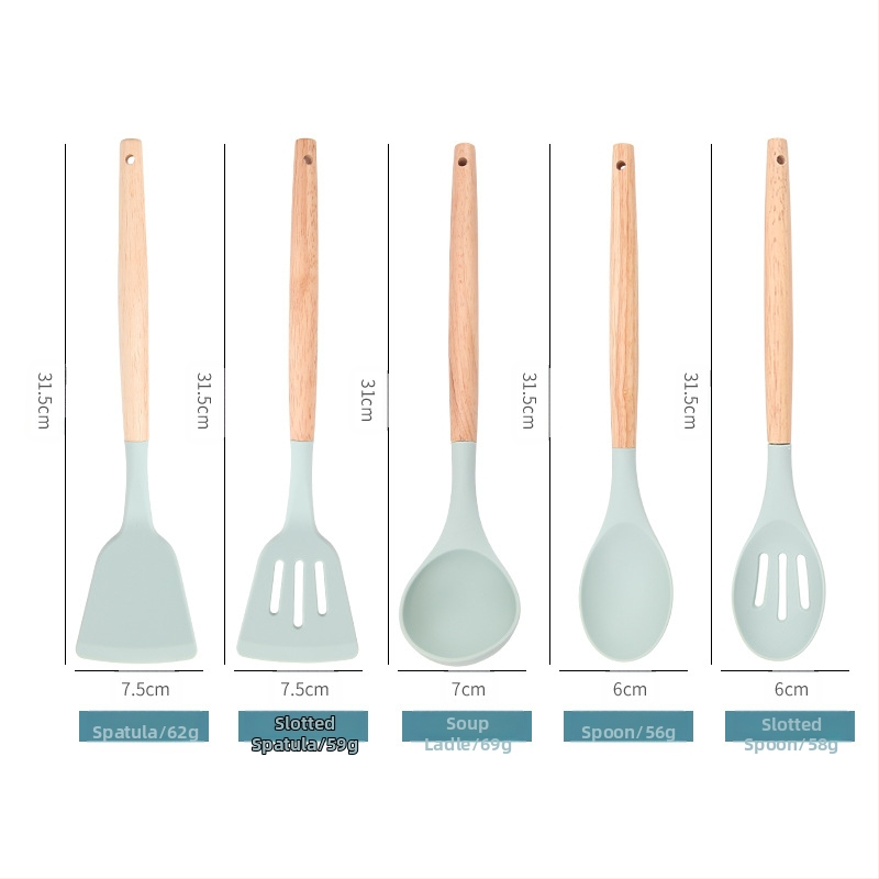 Комплект лъжици и шпатула - силиконови кухненски прибори с дръжки от дъб и бук, 12 части, модерен минималистичен дизайн, термоустойчиви и антихлъзгащи