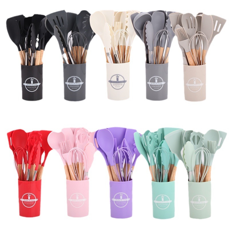 Šaukštų ir mentelelių rinkinys - Silikoniniai virtuvės įrankiai su medinėmis rankenėlėmis, 12 vnt., šiuolaikiškas minimalistinis dizainas, atsparus karščiui ir slydimui