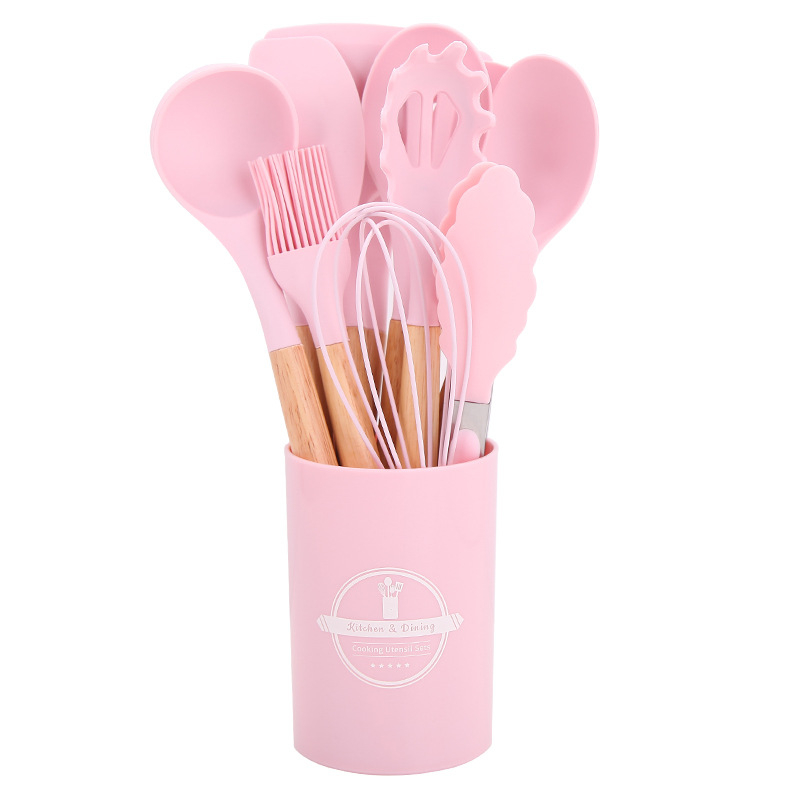 Šaukštų ir mentelelių rinkinys - Silikoniniai virtuvės įrankiai su medinėmis rankenėlėmis, 12 vnt., šiuolaikiškas minimalistinis dizainas, atsparus karščiui ir slydimui