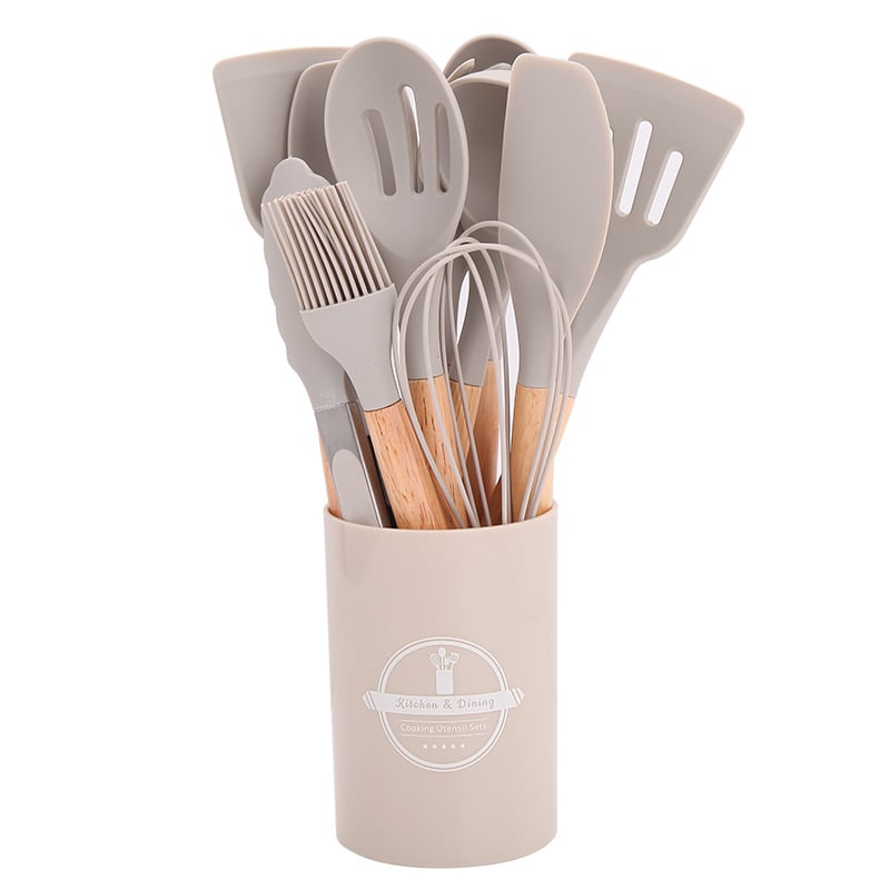 Šaukštų ir mentelelių rinkinys - Silikoniniai virtuvės įrankiai su medinėmis rankenėlėmis, 12 vnt., šiuolaikiškas minimalistinis dizainas, atsparus karščiui ir slydimui