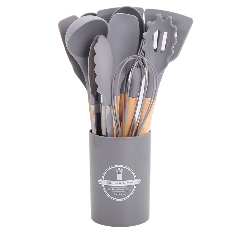 Šaukštų ir mentelelių rinkinys - Silikoniniai virtuvės įrankiai su medinėmis rankenėlėmis, 12 vnt., šiuolaikiškas minimalistinis dizainas, atsparus karščiui ir slydimui