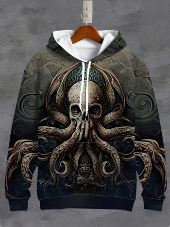 Kapucnis pulóver 3D digitális nyomtatással, koponya mintával, 96% poliészter, laza fazon