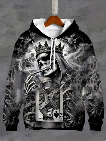 Худи пуловер с 3D дигитален печат и дизайн на череп, 96% полиестер, свободна кройка