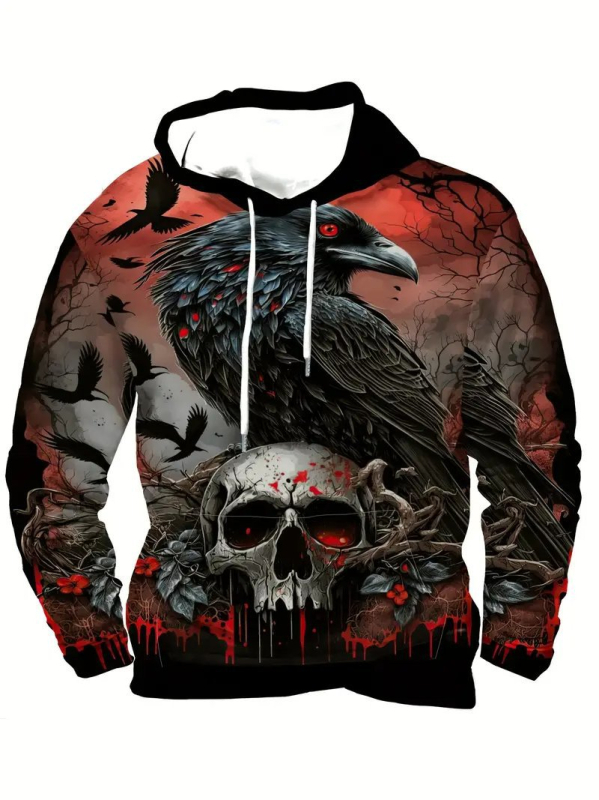 Kapucnis pulóver 3D digitális nyomtatással, koponya mintával, 96% poliészter, laza fazon