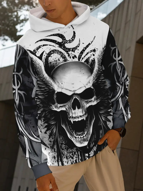 Kapucnis pulóver 3D digitális nyomtatással, koponya mintával, 96% poliészter, laza fazon