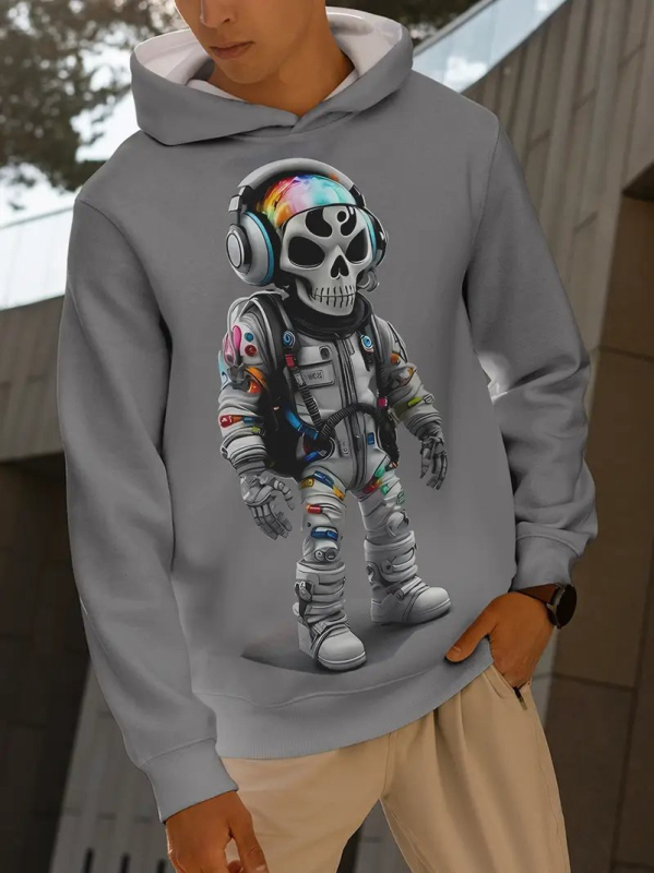 Kapucnis pulóver 3D digitális nyomtatással, koponya mintával, 96% poliészter, laza fazon