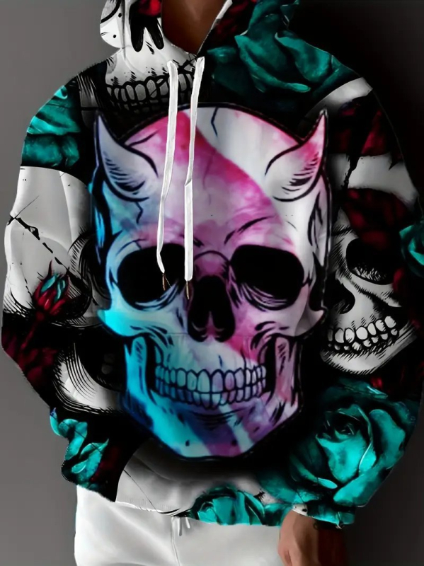 Kapucnis pulóver 3D digitális nyomtatással, koponya mintával, 96% poliészter, laza fazon