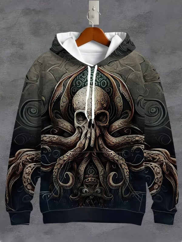 Kapucnis pulóver 3D digitális nyomtatással, koponya mintával, 96% poliészter, laza fazon