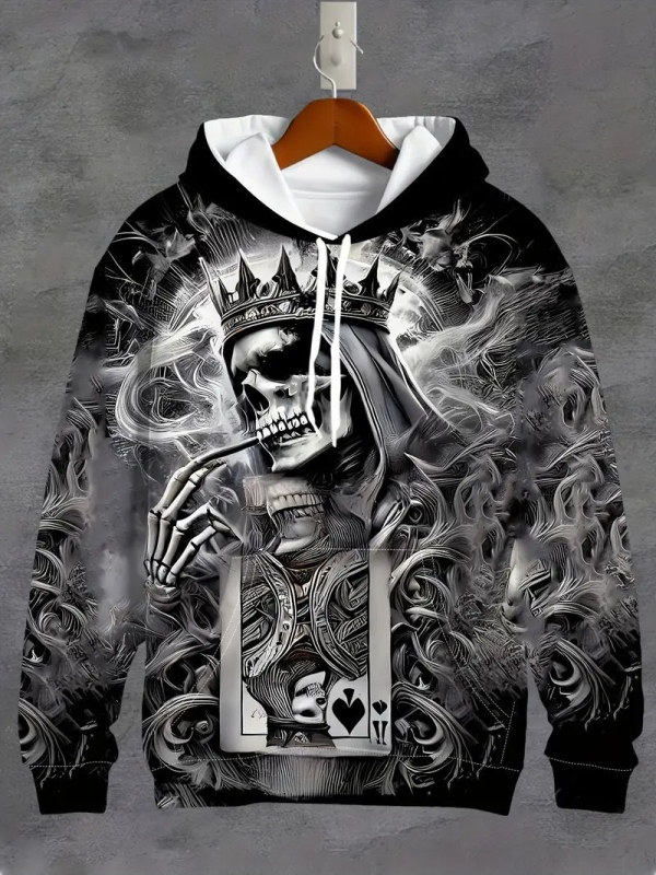 Kapucnis pulóver 3D digitális nyomtatással, koponya mintával, 96% poliészter, laza fazon